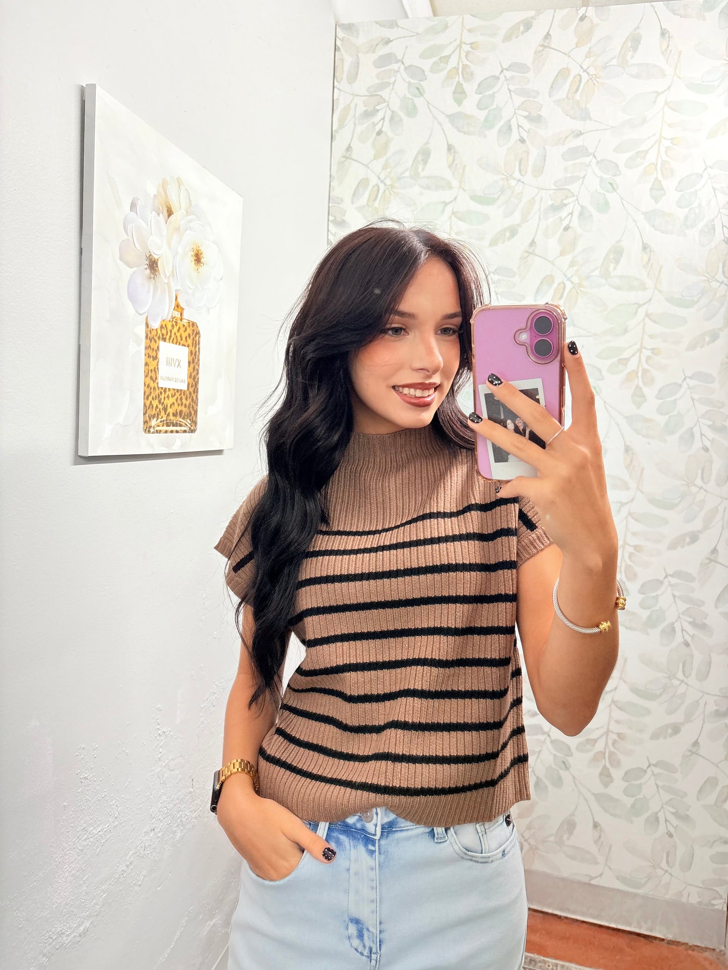 Stripe Mock Neck Short Sleeve Knit Sweater