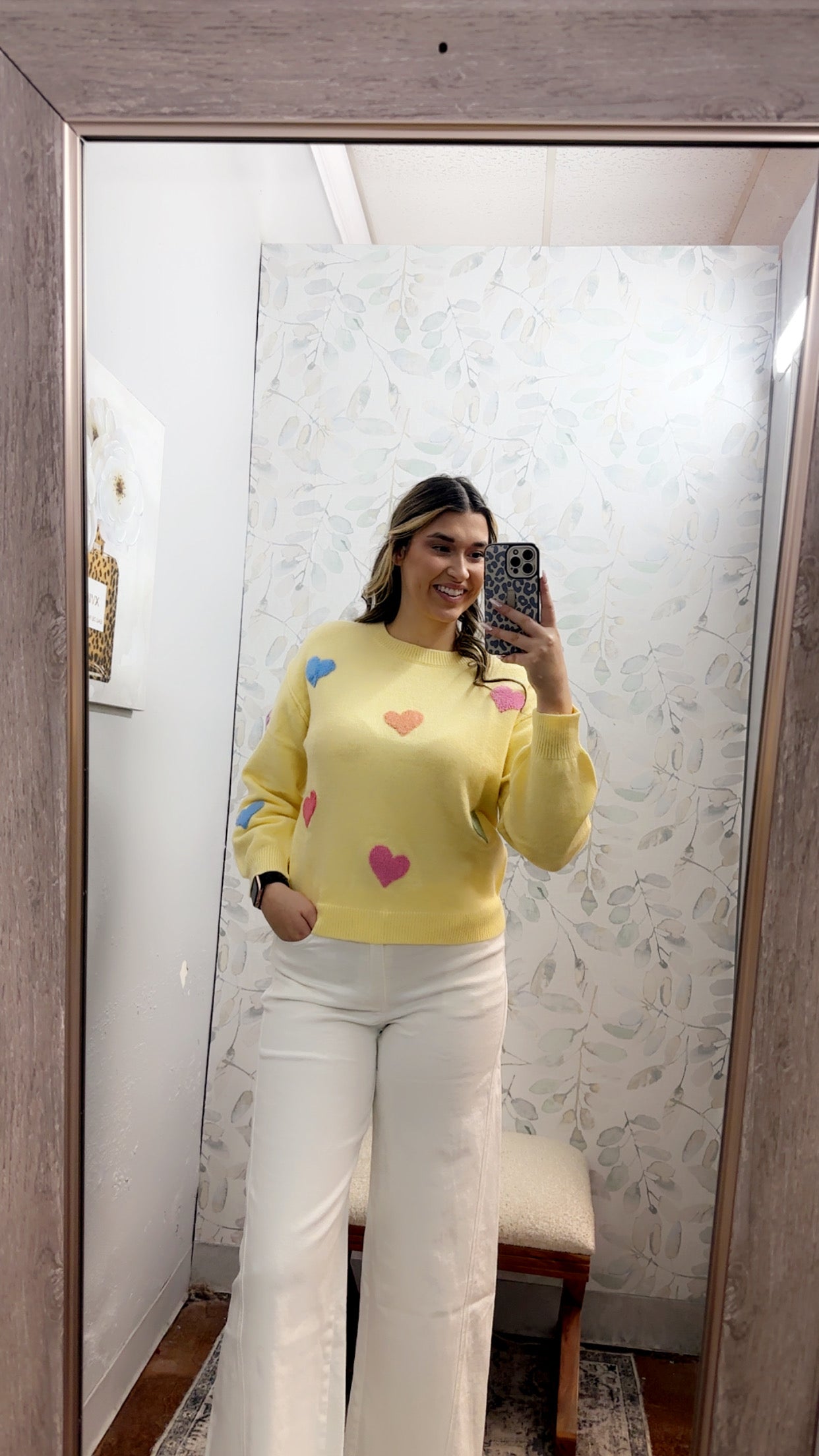 Multicolor Heart Crewneck Knit Pullover Sweater