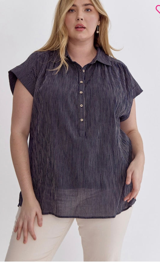 Navy Button Down Curvy Top