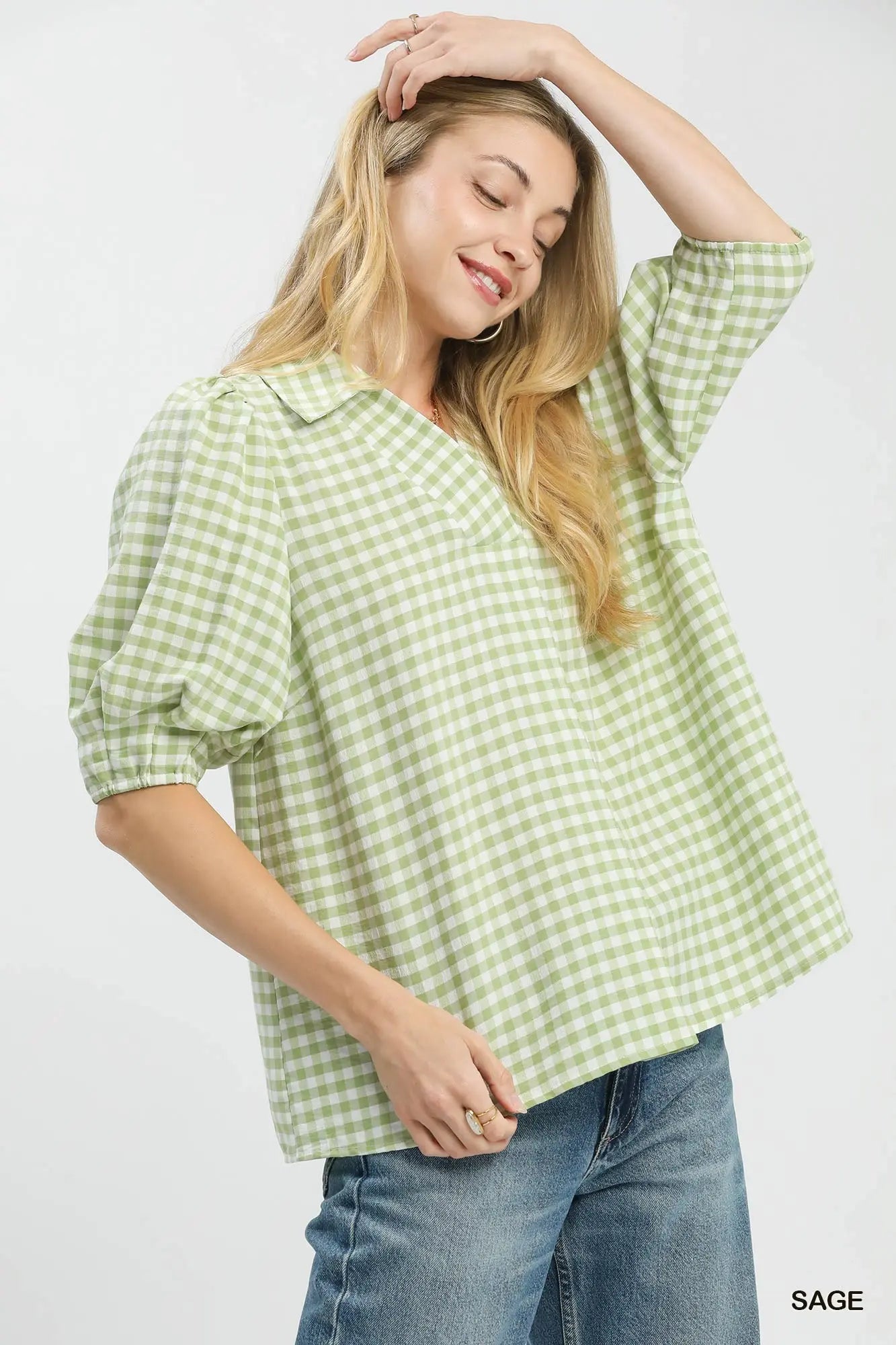 Gingham Puff Sleeve Blouse