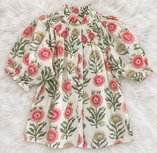 Floral Button-Front Short Sleeve Top