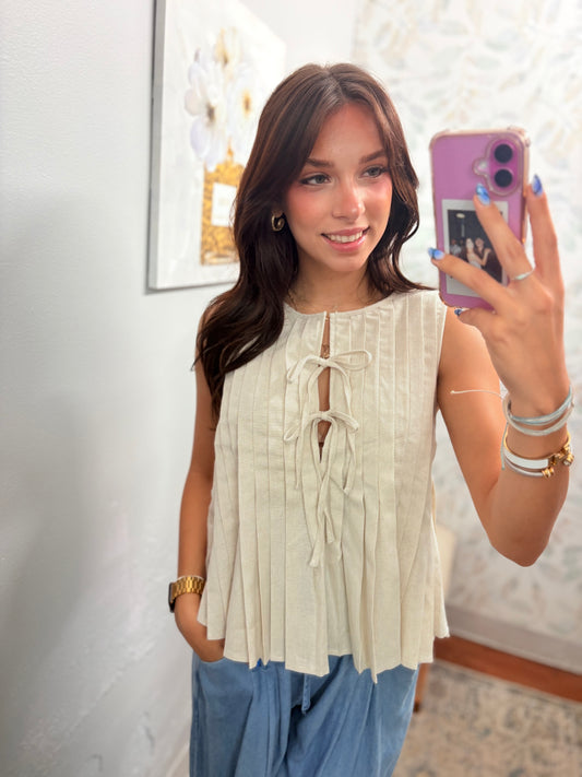 Pleated Woven Blouse Top With Front Tie