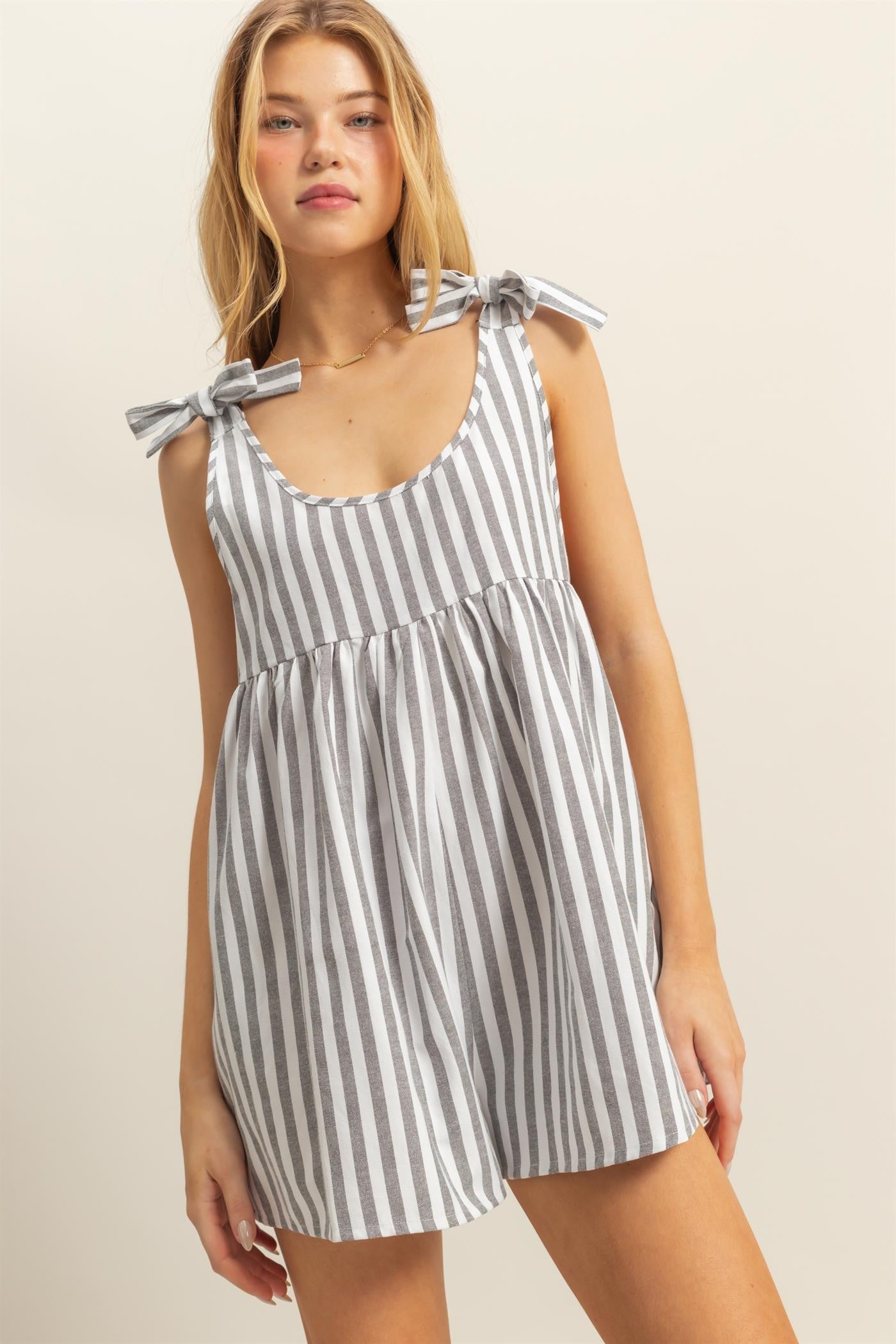 Striped Bow Accent Shoulders Romper