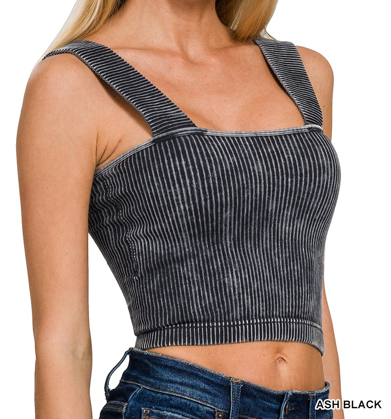 WASHED RIBBED SQUARE NECK TOP WITH BRA PADS