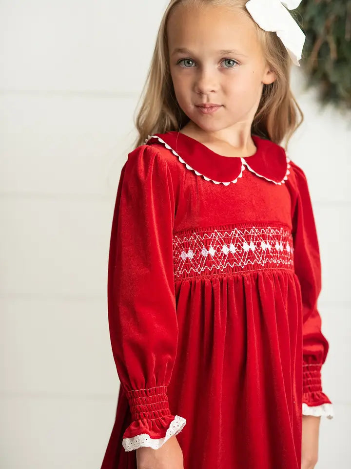 Kids Red Velvet Smocked Lace Peter Pan Winter Holiday Dress