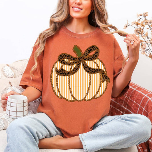 Seersucker Pumpkin with Leopard Bow Tee