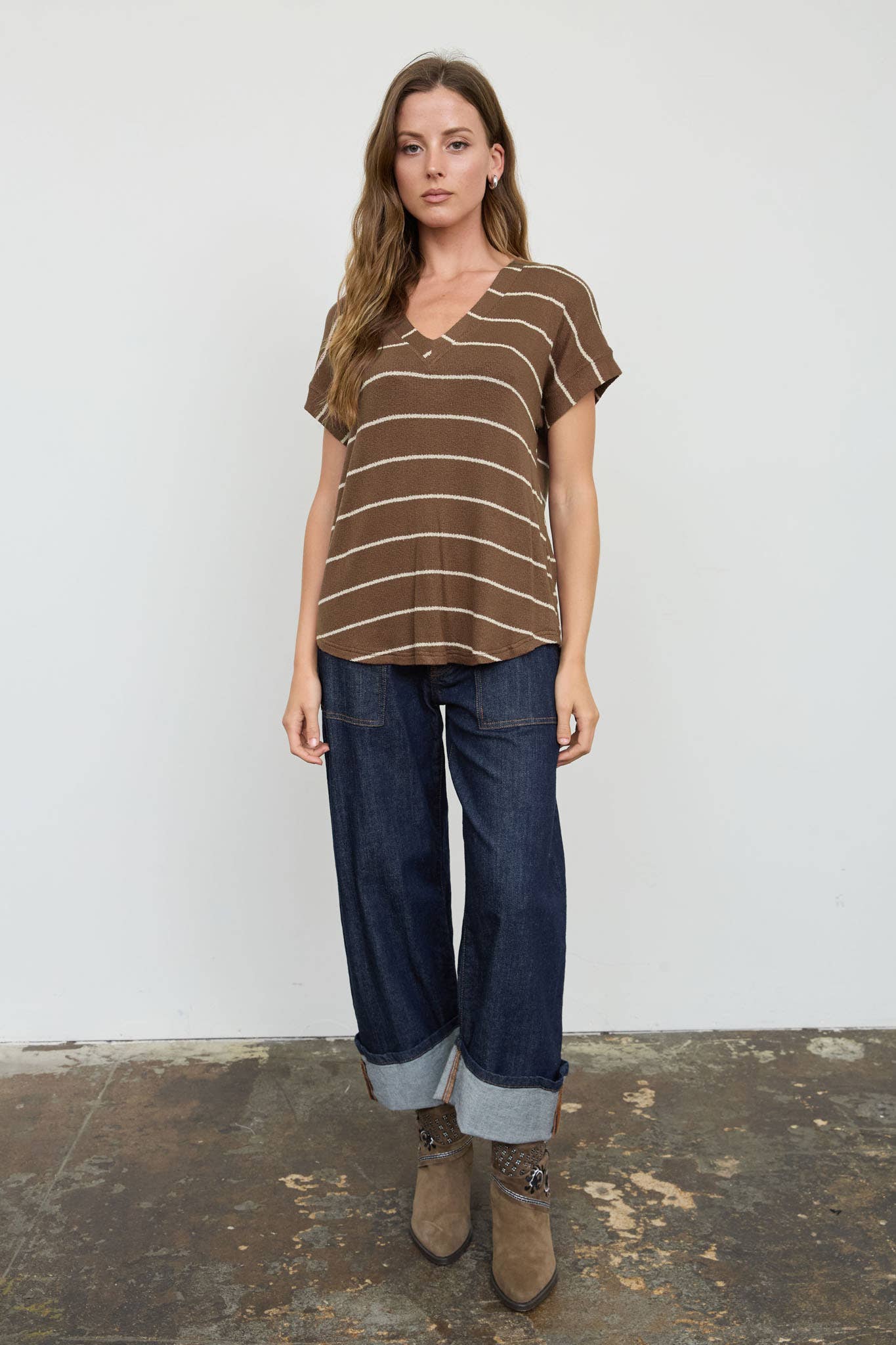 STRIPE V NECK CUFFED SLEEVE KNIT TOP