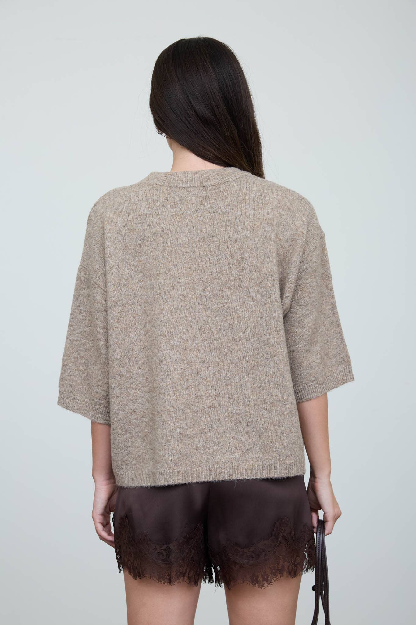 HEATHERED CREW NECK HALF SLEEVE BOXY PULLOVER