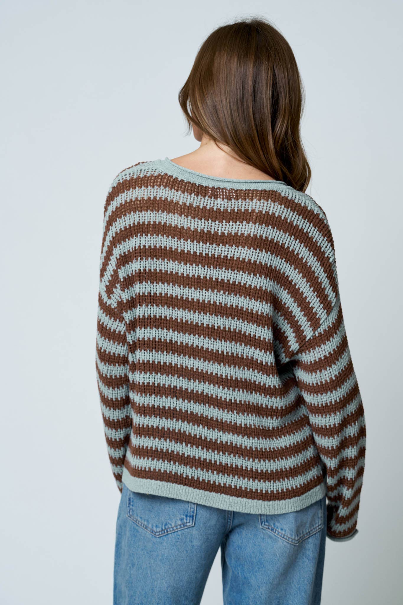 STRIPE RAW EDGE SPLIT NECK SHEER KNIT SWEATER