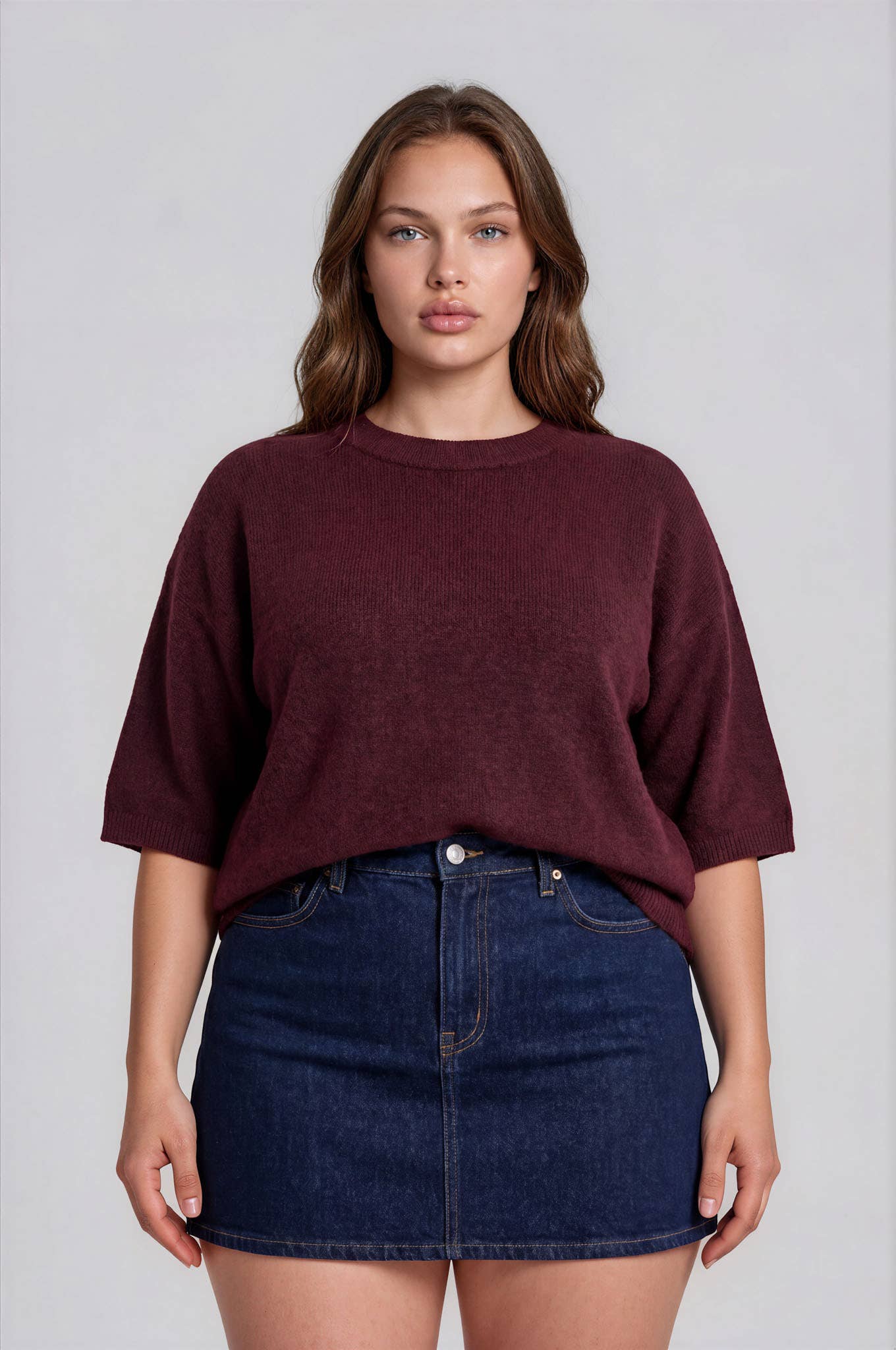 PLUS HEATHERED CREW NECK HALF SLEEVE BOXY PULLOVER
