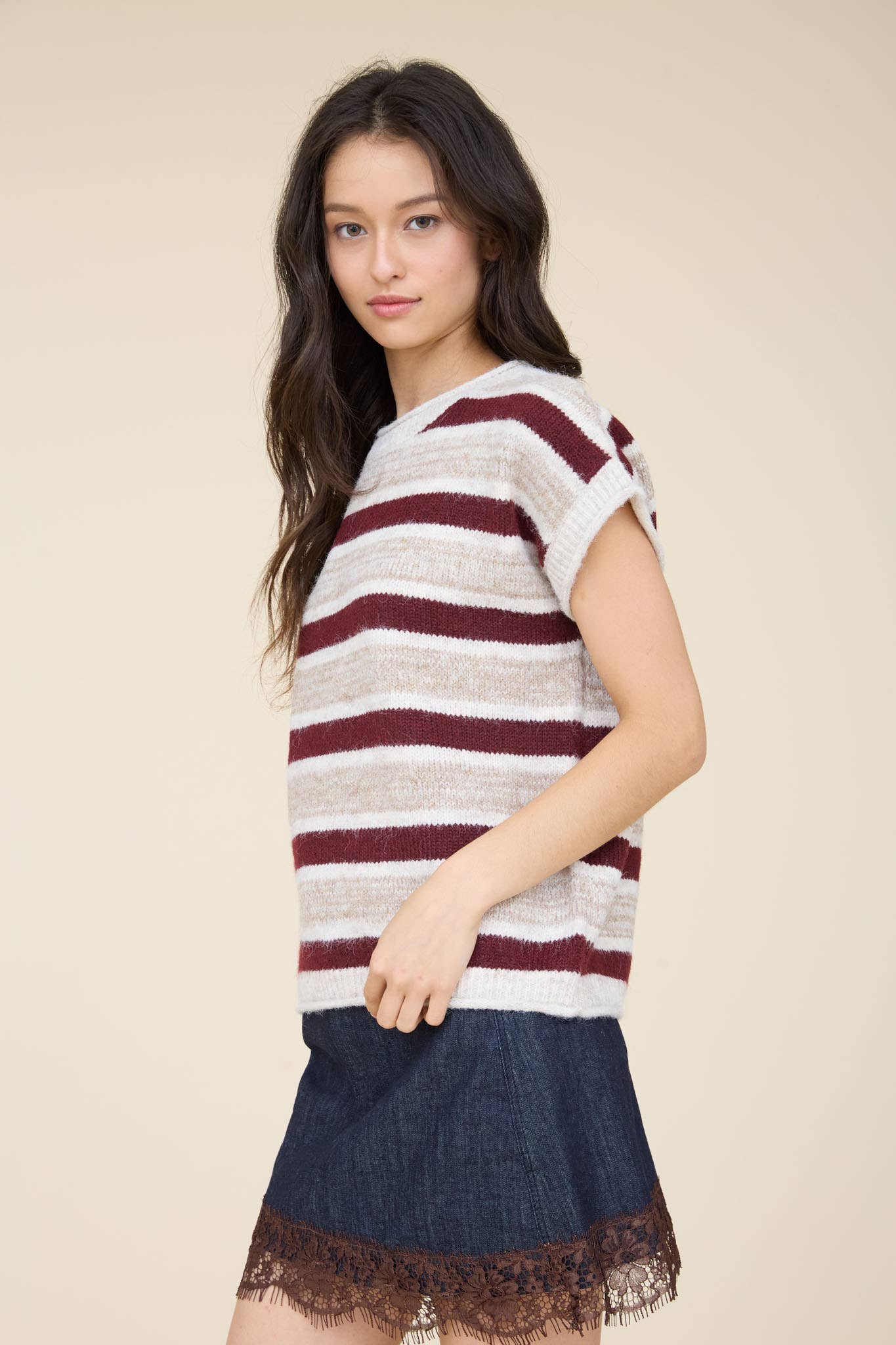 MARLED STRIPE SHORT SLEEVE RAW EDGE KNIT SWEATER