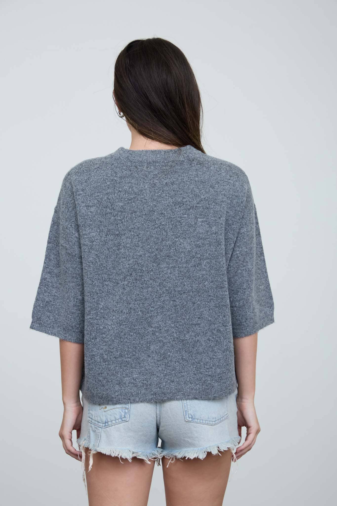 HEATHERED CREW NECK HALF SLEEVE BOXY PULLOVER