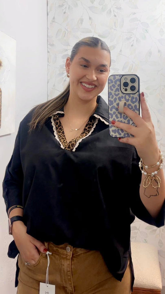 Black w/ Leopard Print & Scallop Lace Trim Top