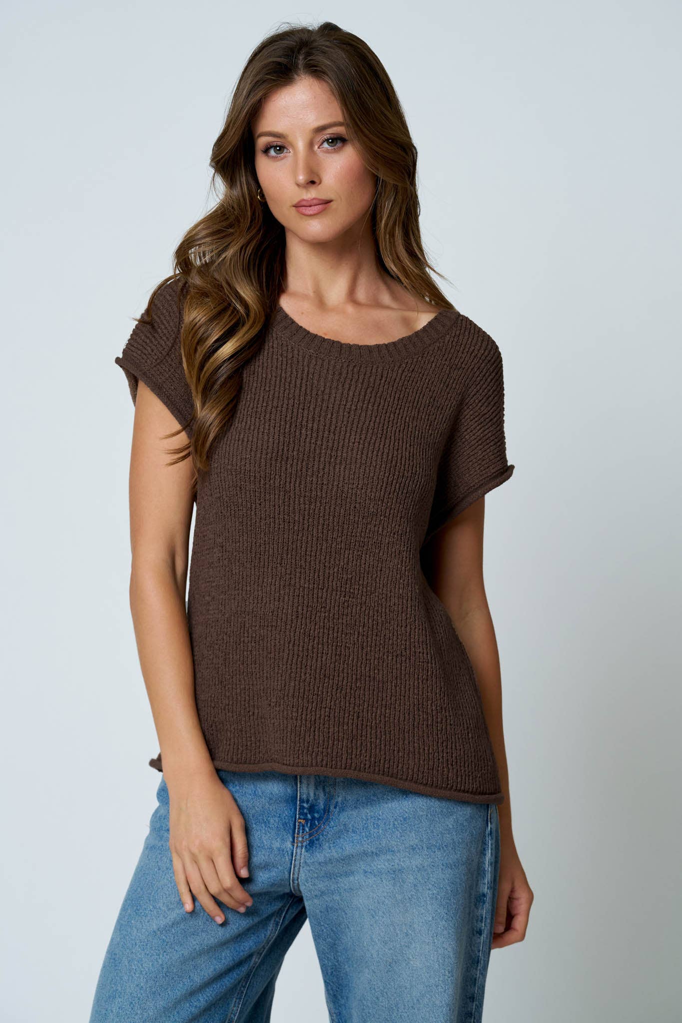 CREW NECK RAW SLEEVE RELAXED SWEATER KNIT TOP