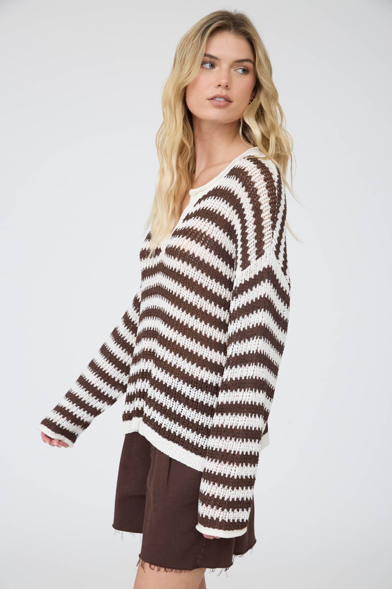 STRIPE RAW EDGE SPLIT NECK SHEER KNIT SWEATER