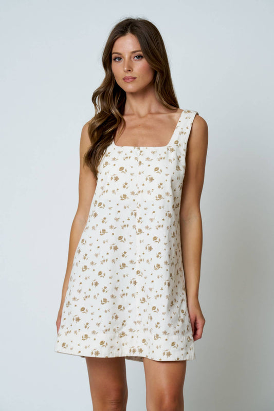 FLORAL SLEEVELESS DENIM MINI DRESS