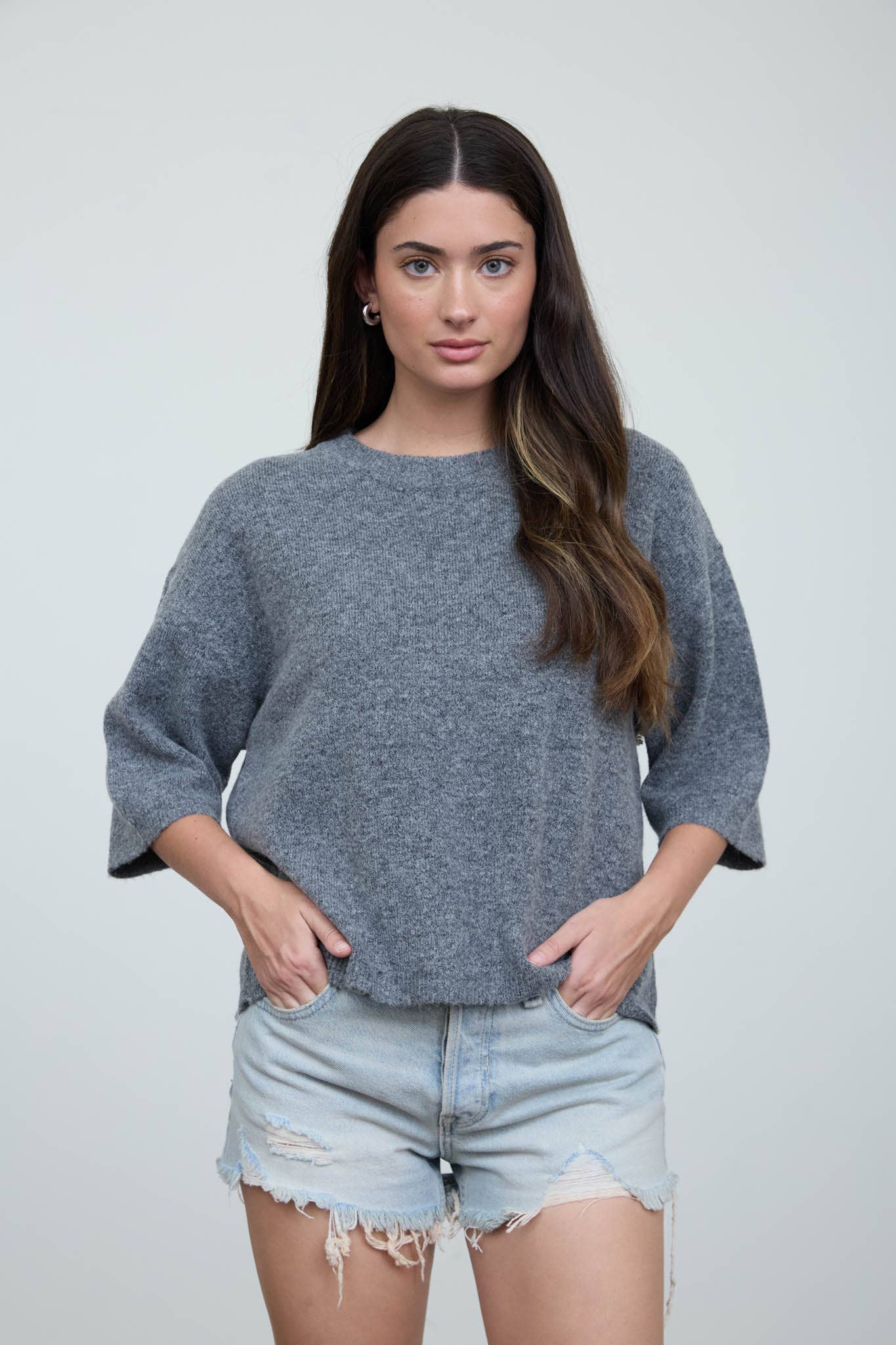 HEATHERED CREW NECK HALF SLEEVE BOXY PULLOVER