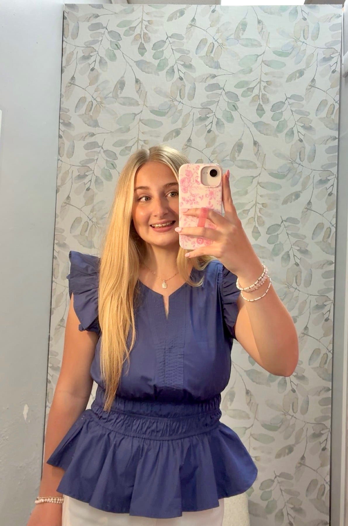 Navy Ruffle Sleeve Top