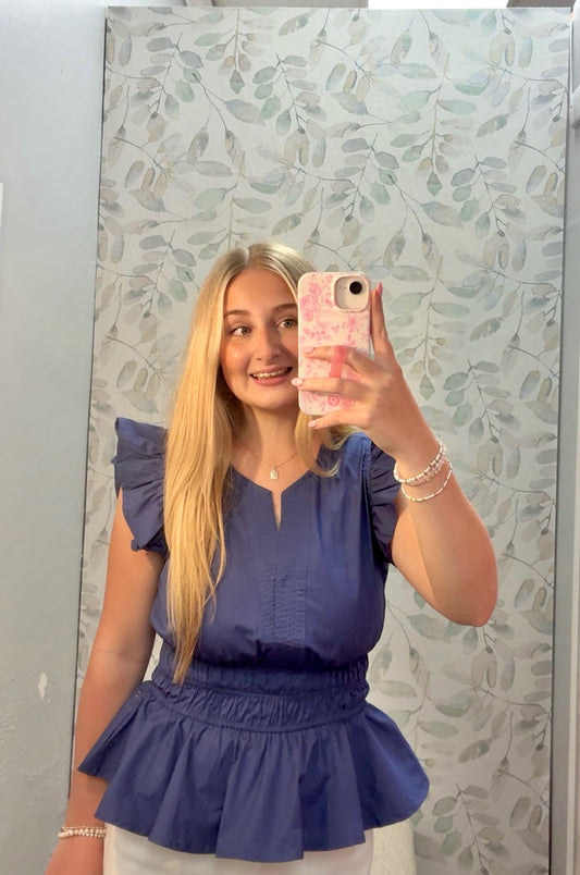 Navy Ruffle Sleeve Top