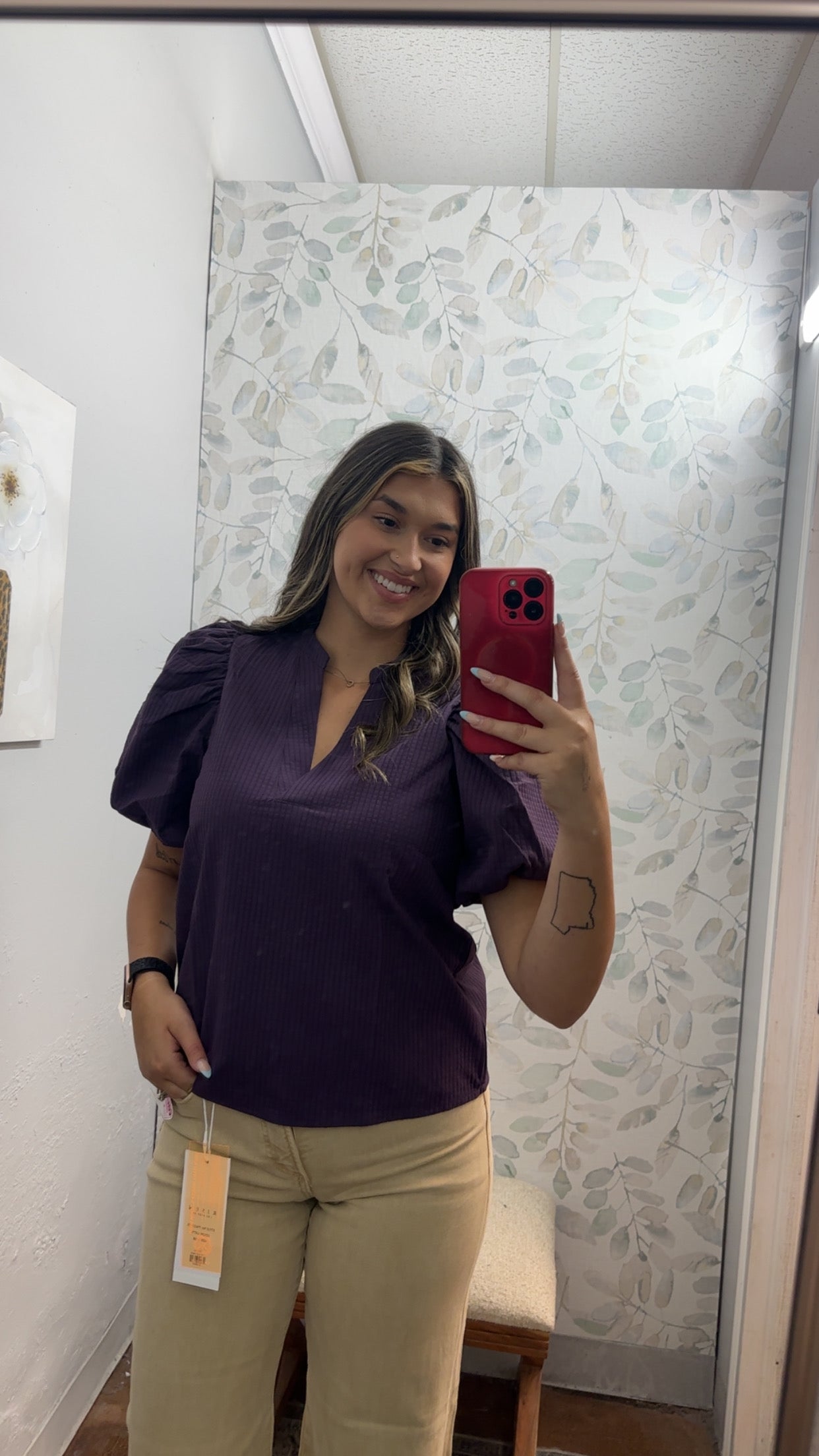 Solid V Neck Puff Sleeve Top