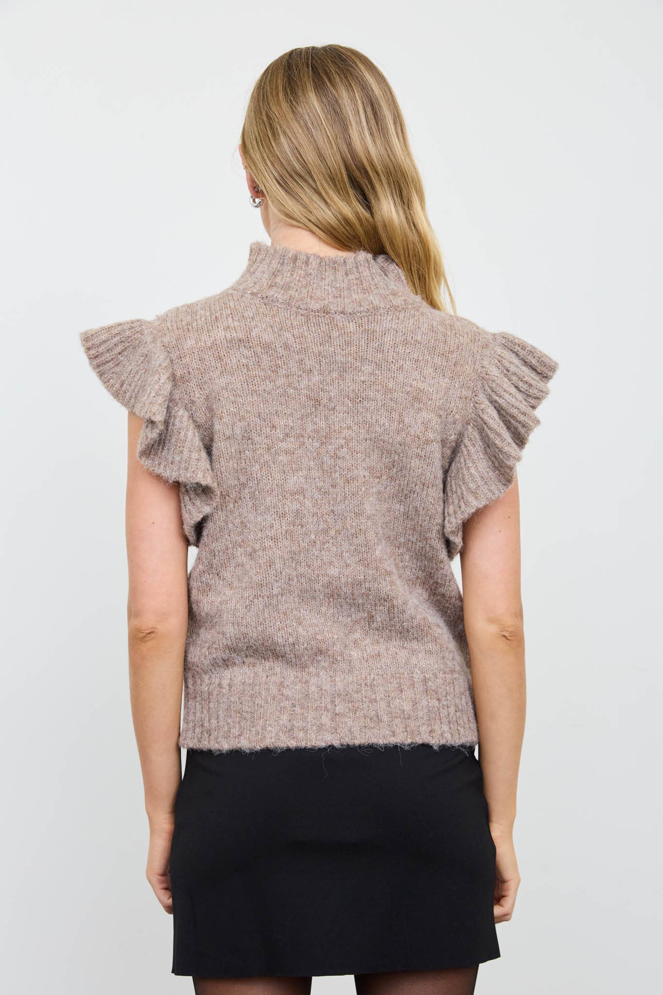 RUFFLE SLEEVE MOCK NECK RIBBED SWEATER