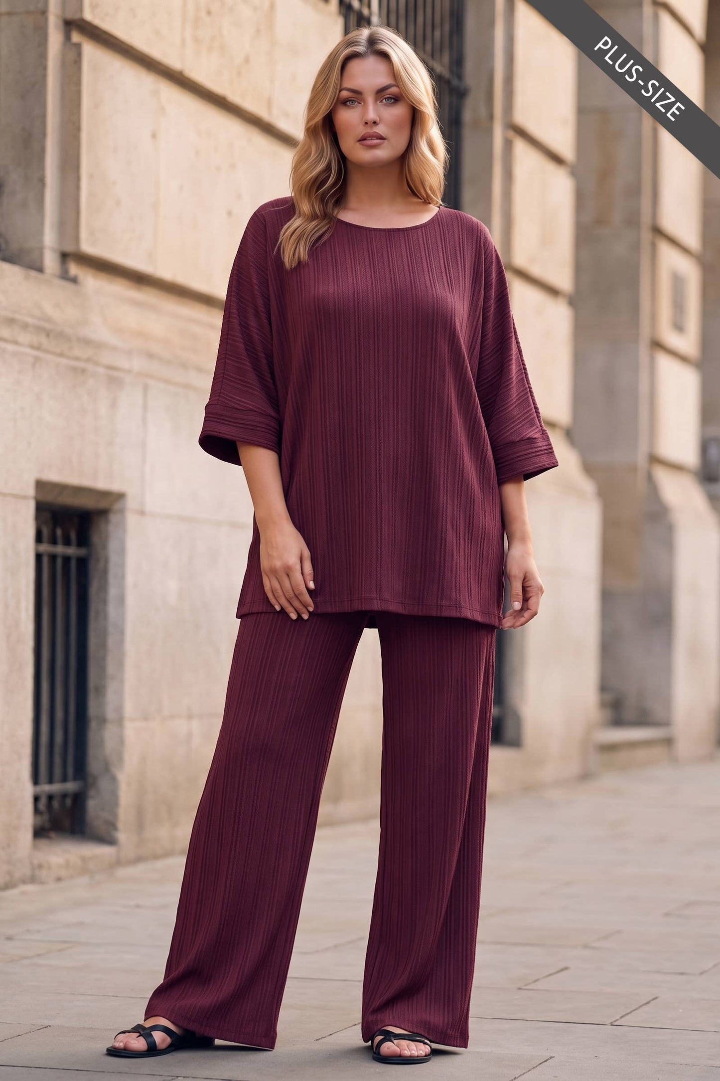 PLUS SIZE 2-Piece Textured Dolman Sleeve + Relaxed Bottoms