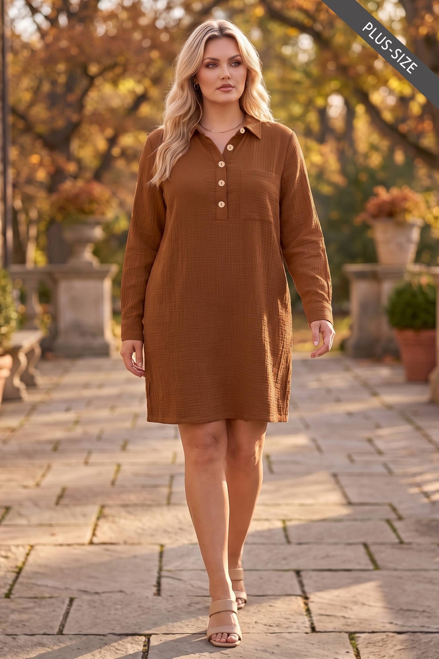 PLUS SIZE 100% Cotton A-Line Button Down Lightweight Dress