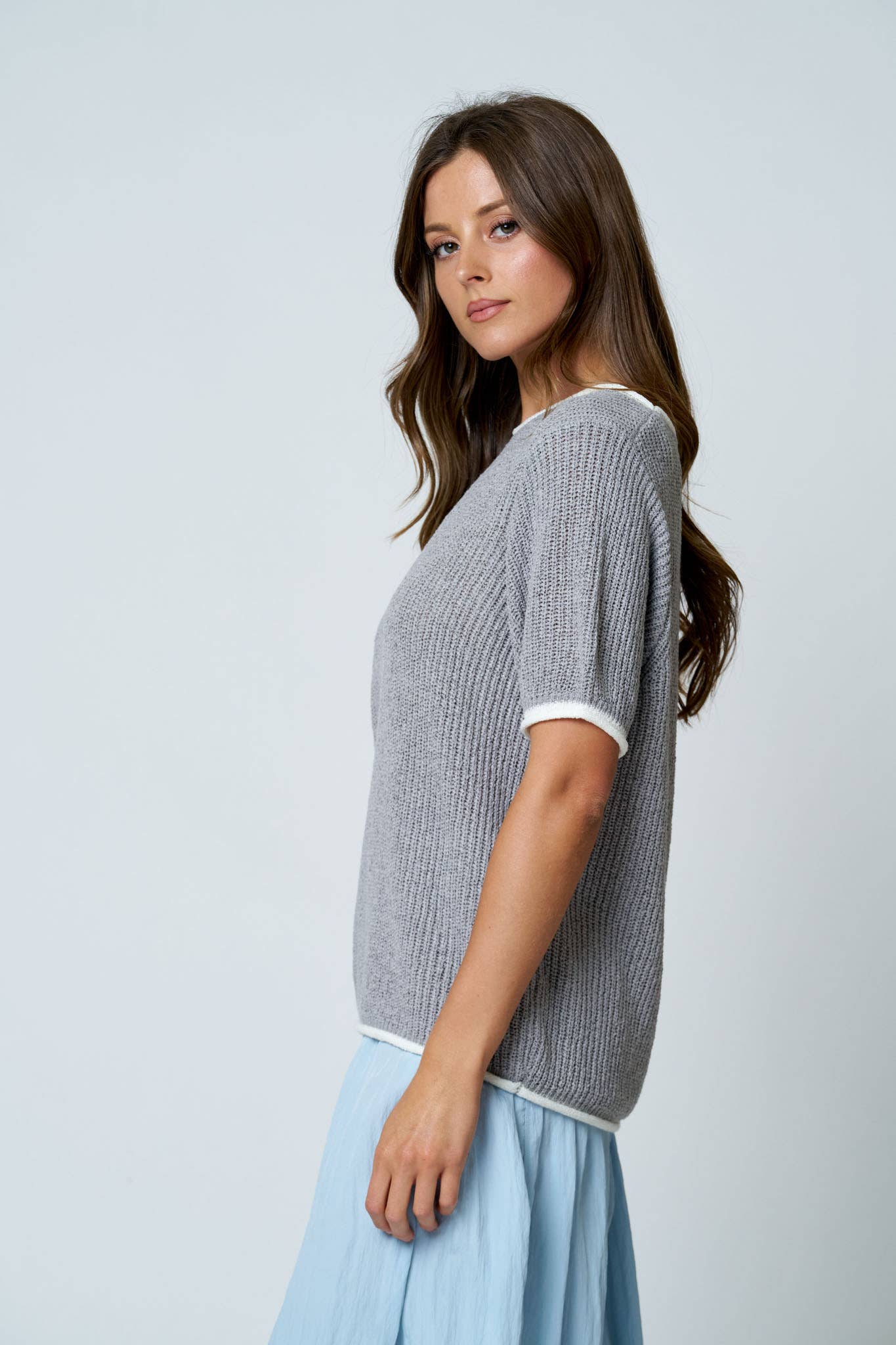 CONTEST TRIM PUFF SLEEVE RIBBED KNIT SWEATER