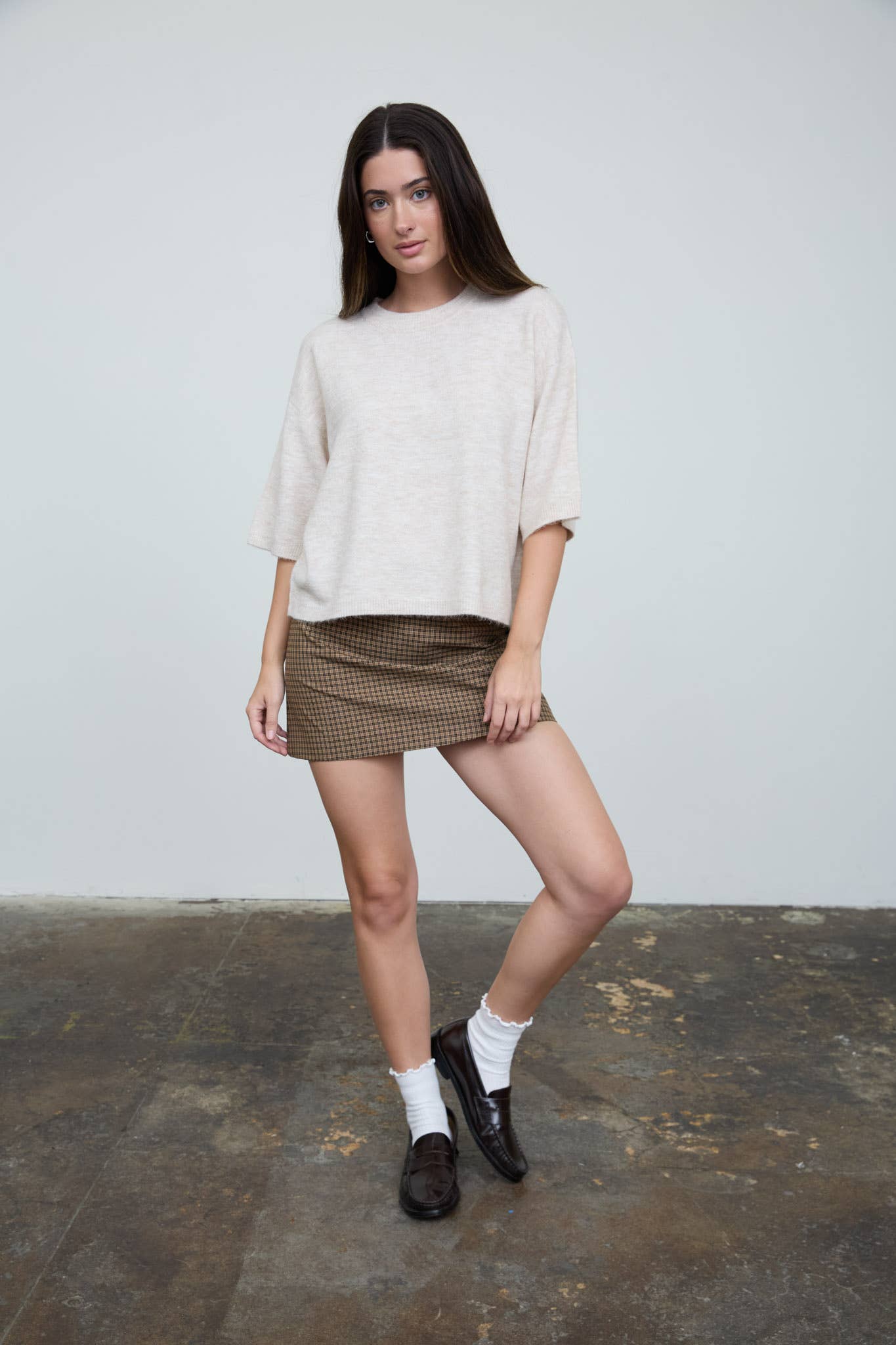 HEATHERED CREW NECK HALF SLEEVE BOXY PULLOVER