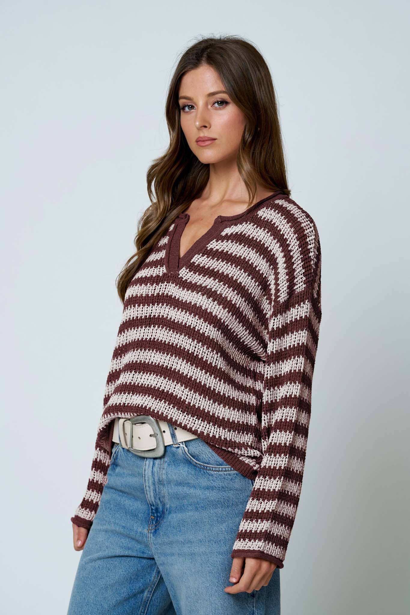 STRIPE RAW EDGE SPLIT NECK SHEER KNIT SWEATER