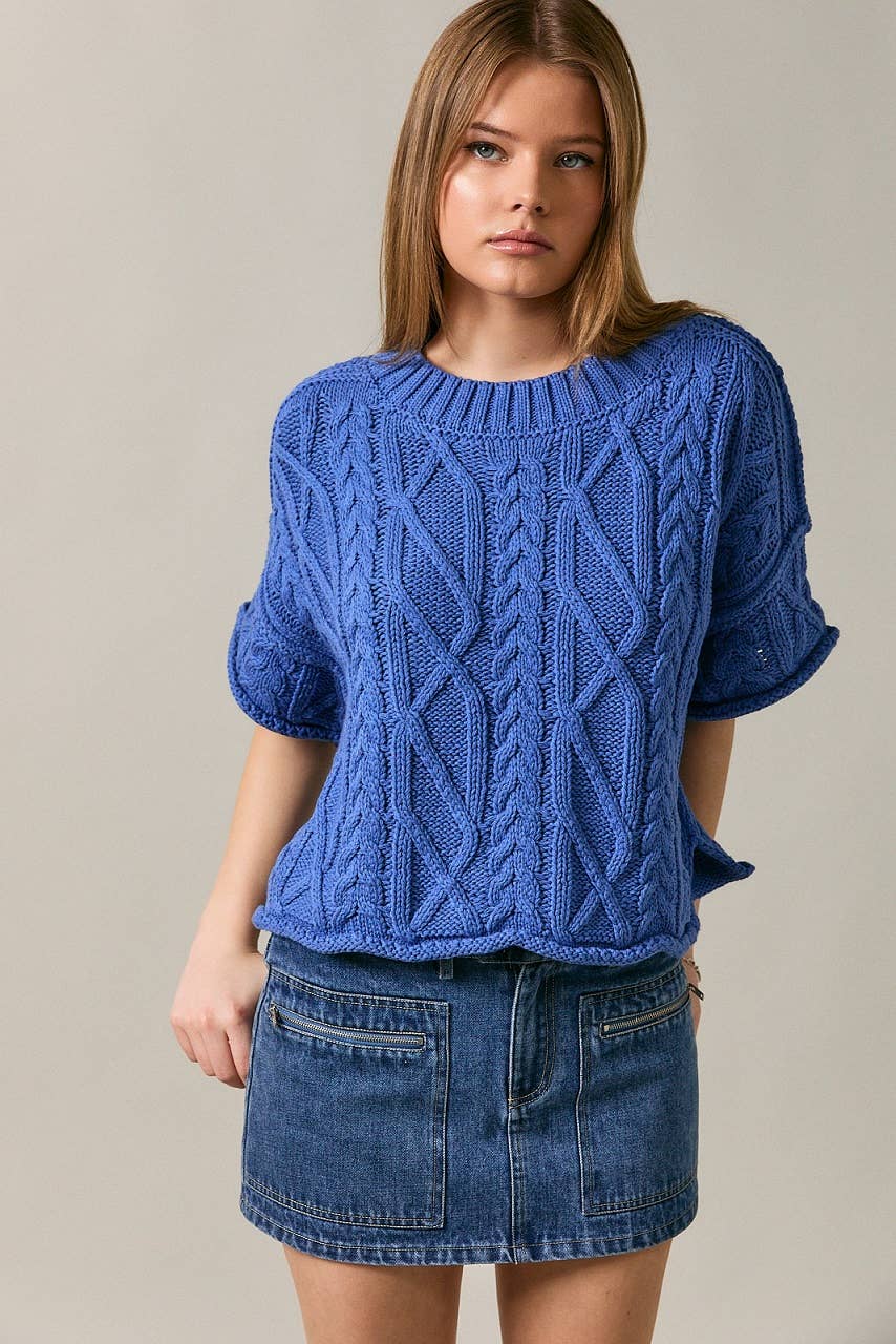 Cable Knit Short Sleeve Crew Neck Sweater Top