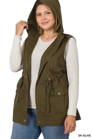 Olive Drawstring Waist Military Hoodie Vest- Curvy