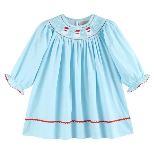 Blue Santa Smocked Bishop Dress