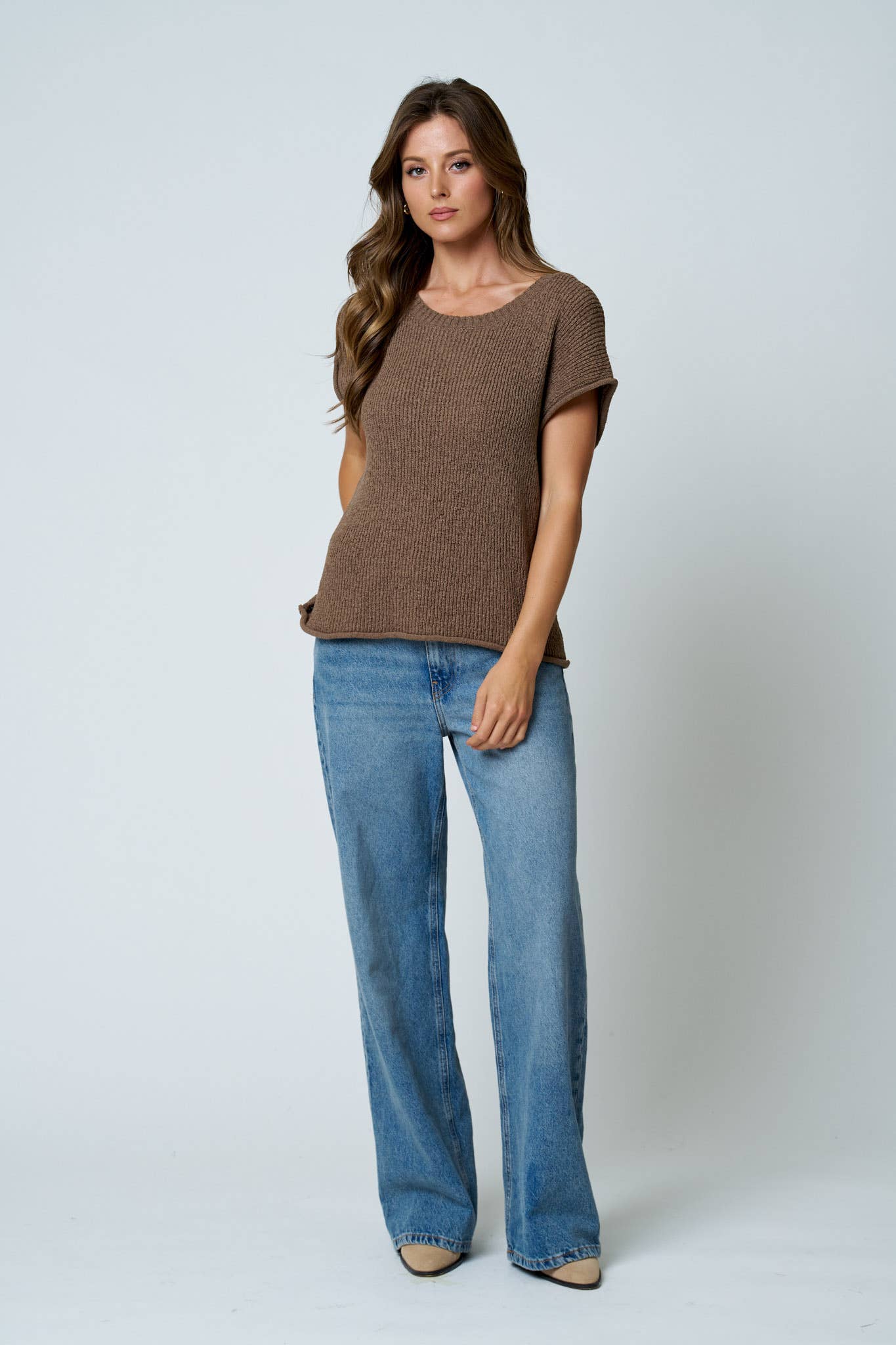 CREW NECK RAW SLEEVE RELAXED SWEATER KNIT TOP