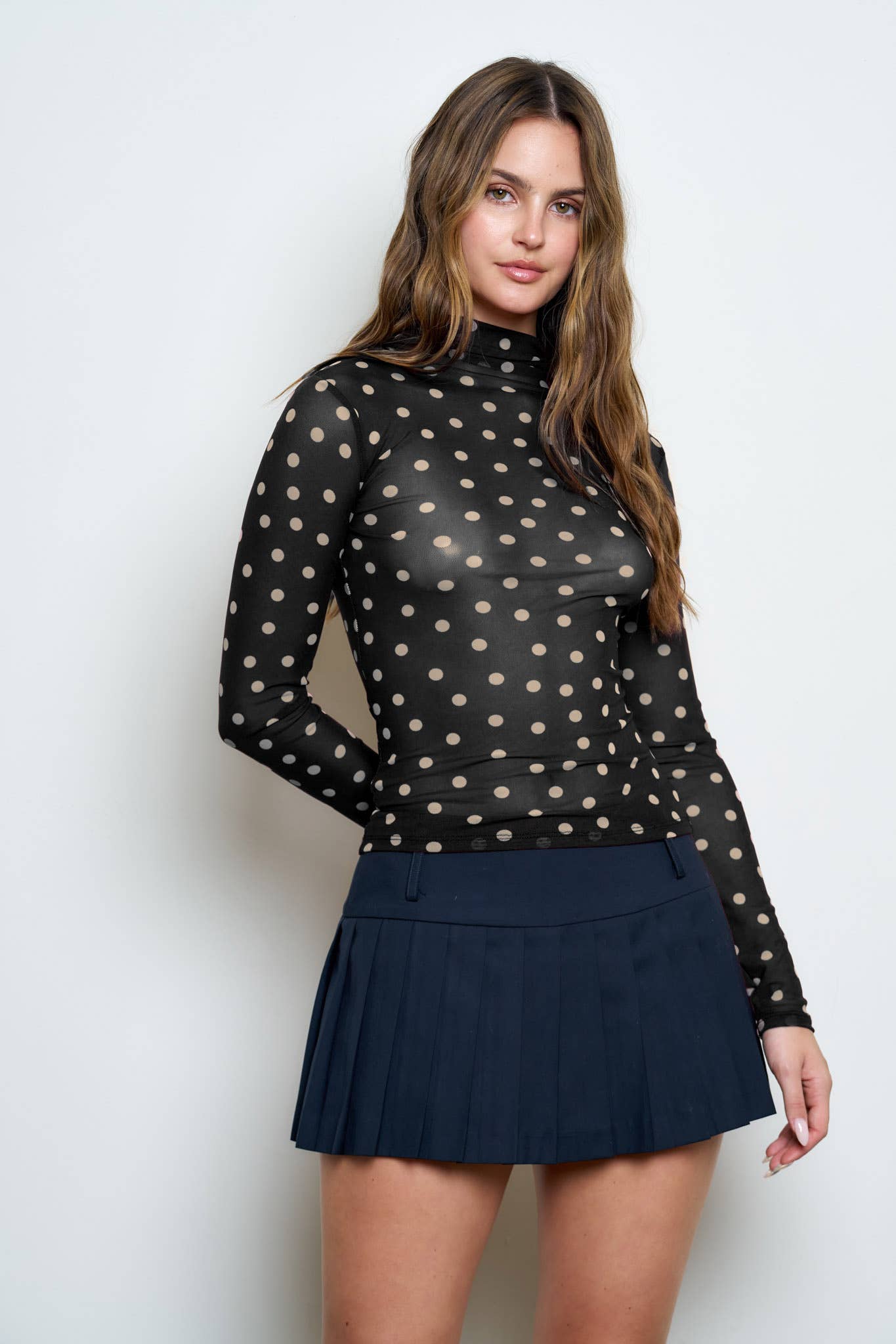 POLKA DOT MESH MOCK NECK LONG SLEEVE KNIT TOP