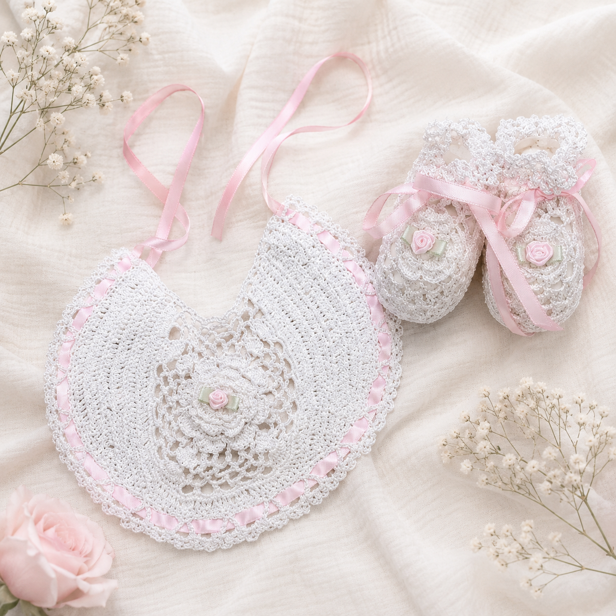 Pretty Pink Poppy Crochet Bib + Booties Set