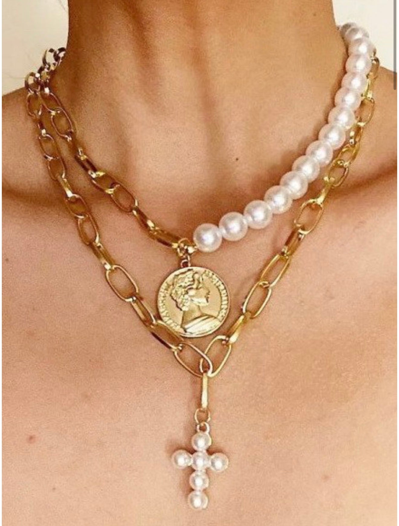 Pearl, Cross, Coin Charm Necklace