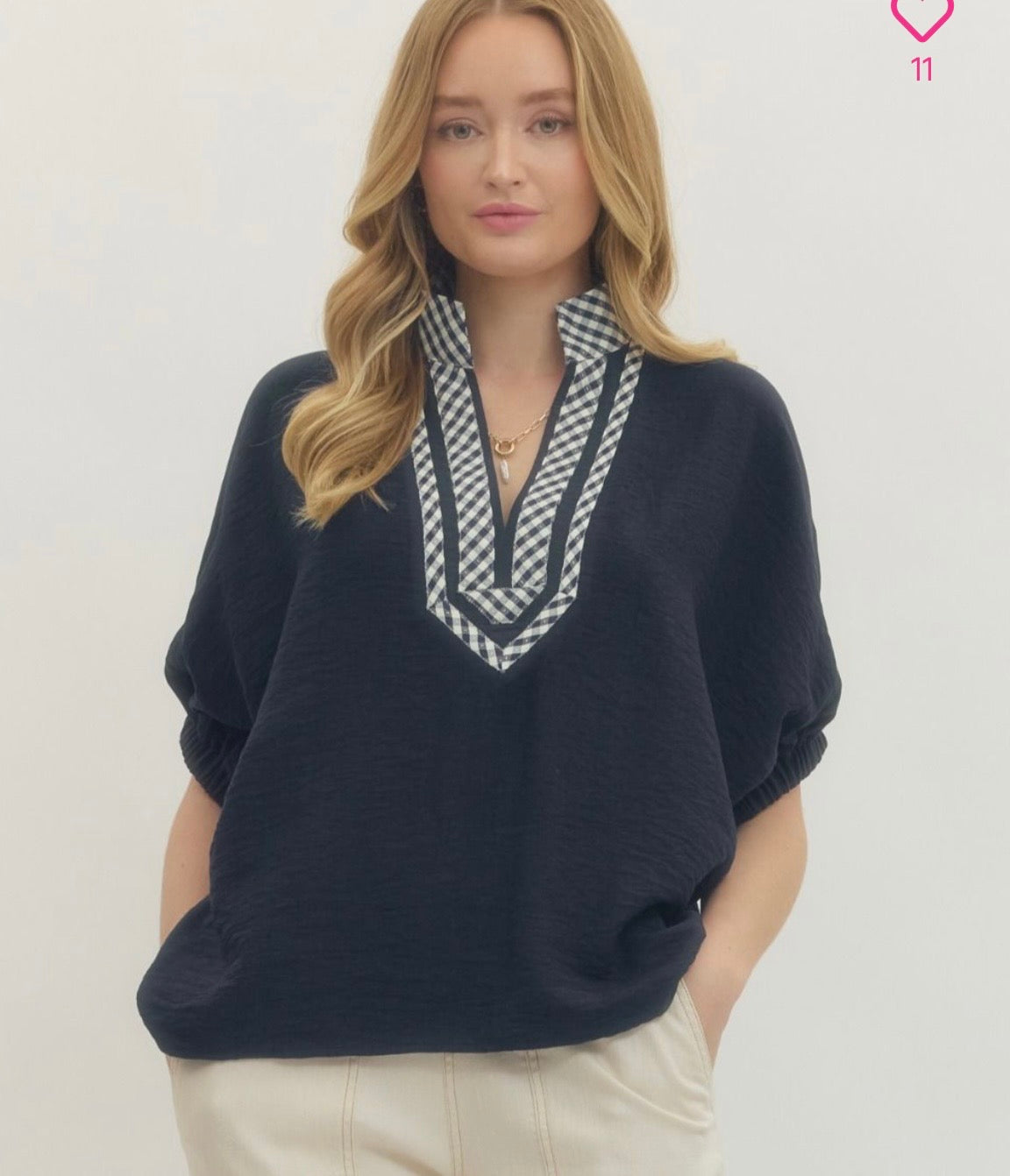 Navy w/ Gingham Trim Curvy Top