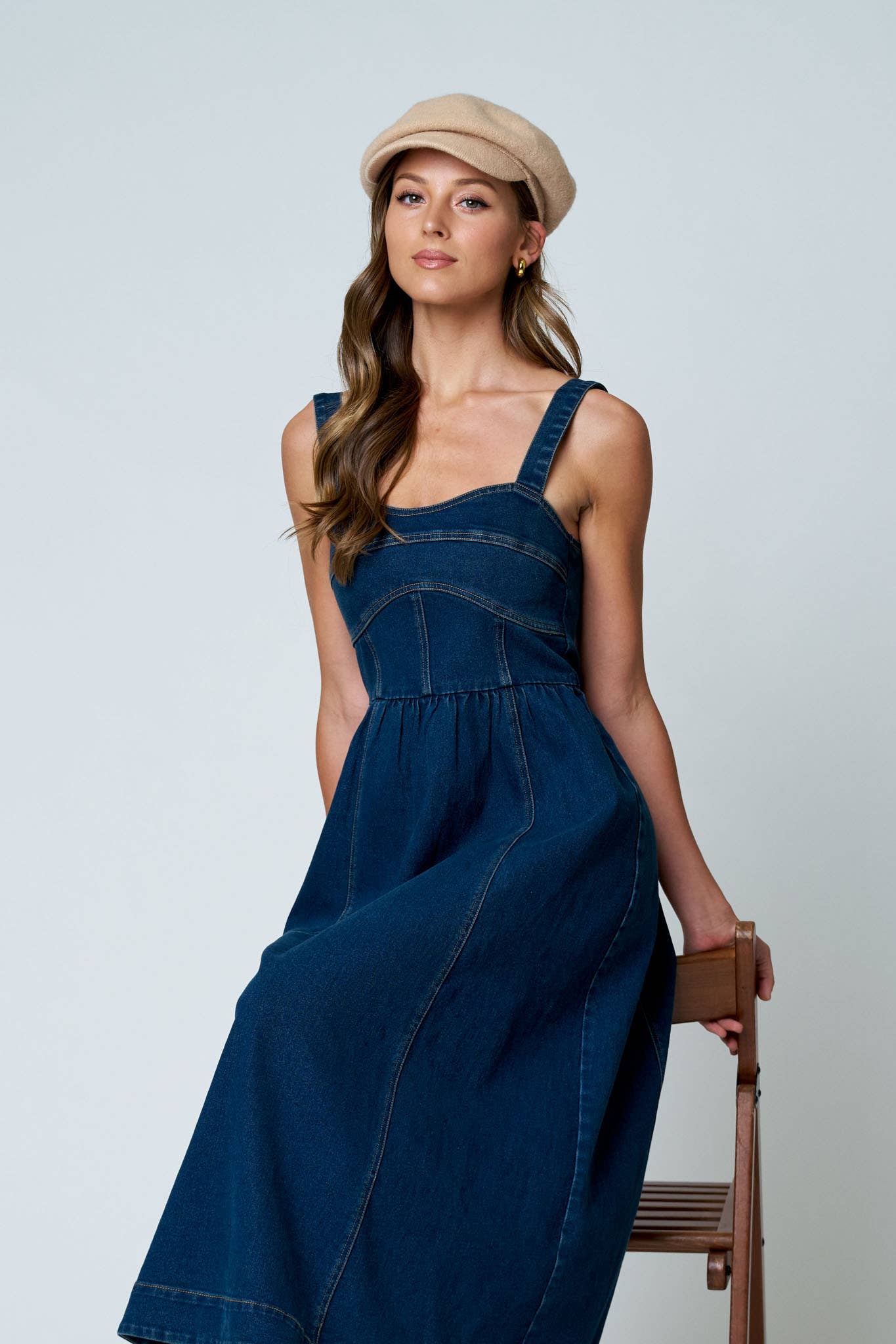 SWEETHEART CORSET SEAM DETAIL DENIM MIDI DRESS