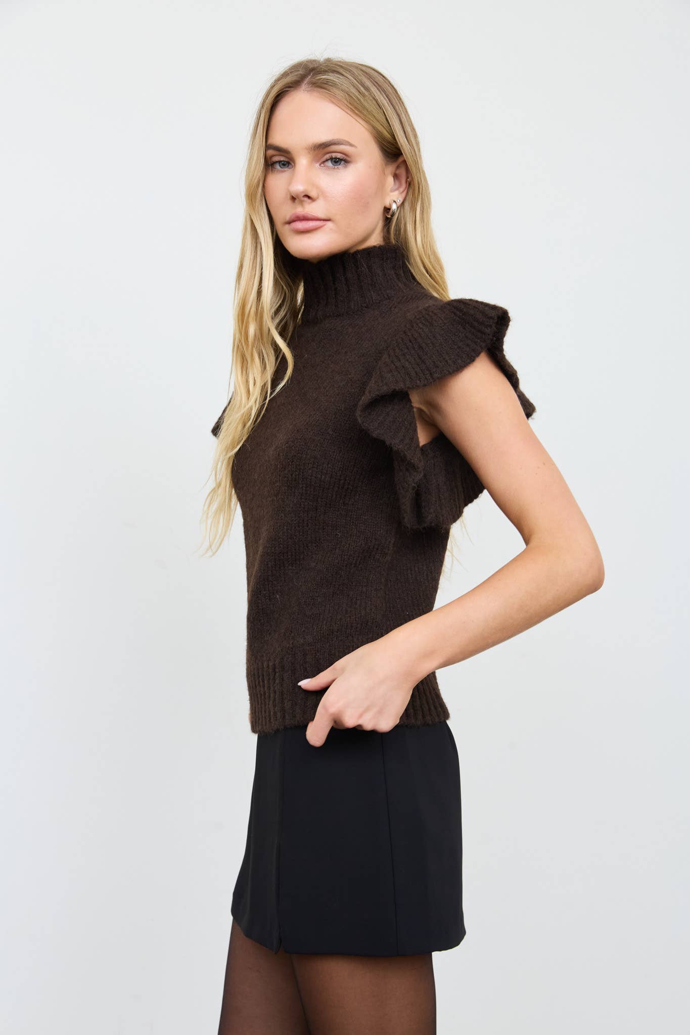 RUFFLE SLEEVE MOCK NECK RIBBED SWEATER