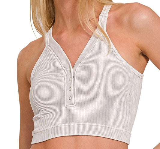 WASHED RIBBED CROPPED BUTTON V-NECK TANK TOP