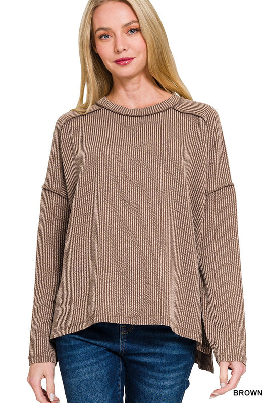 Ribbed Raw Edge Boat Neck Top