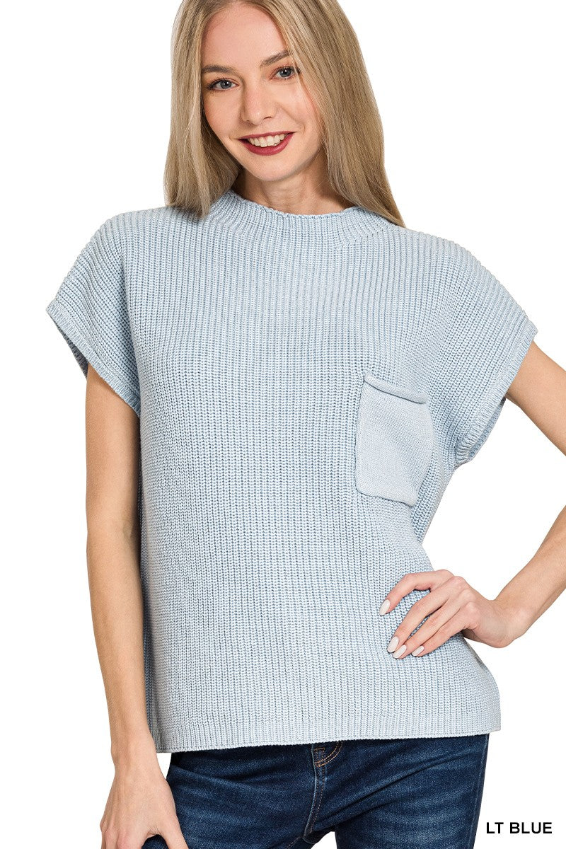 Light Blue Mock Neck Short Sleeve Sweater