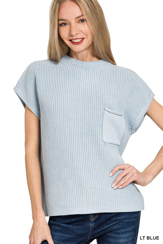 Light Blue Mock Neck Short Sleeve Sweater