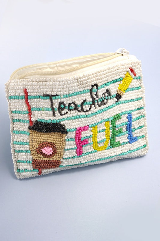 "TEACHER FUEL" SEED BEADS COIN PURSE POUCH