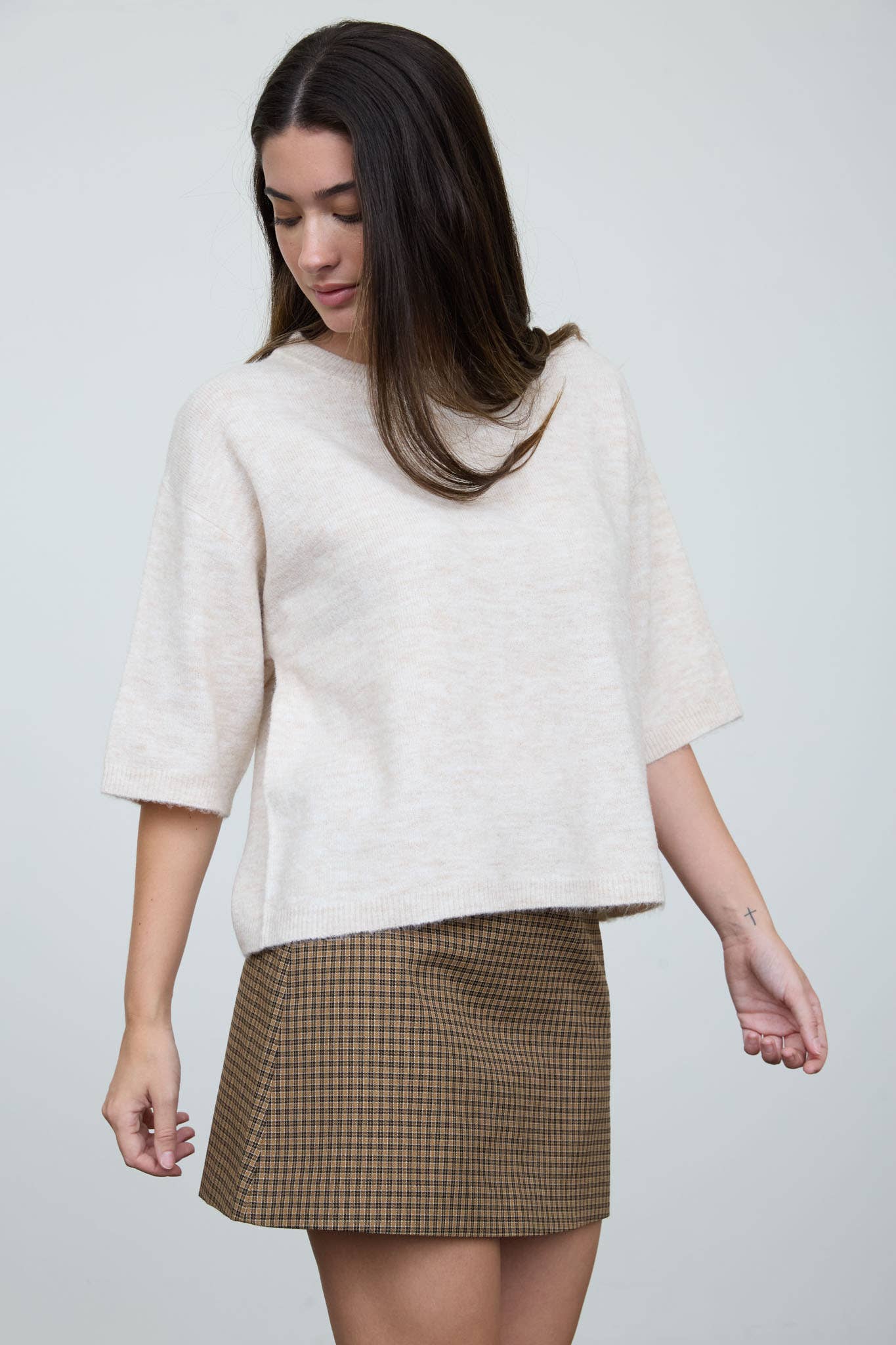 HEATHERED CREW NECK HALF SLEEVE BOXY PULLOVER