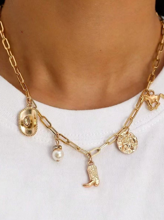 Western Boot Hat Horseshoe Charm Necklace