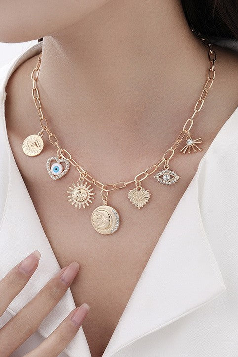 Evil Eye Heart Hammered Disc Charm Necklace