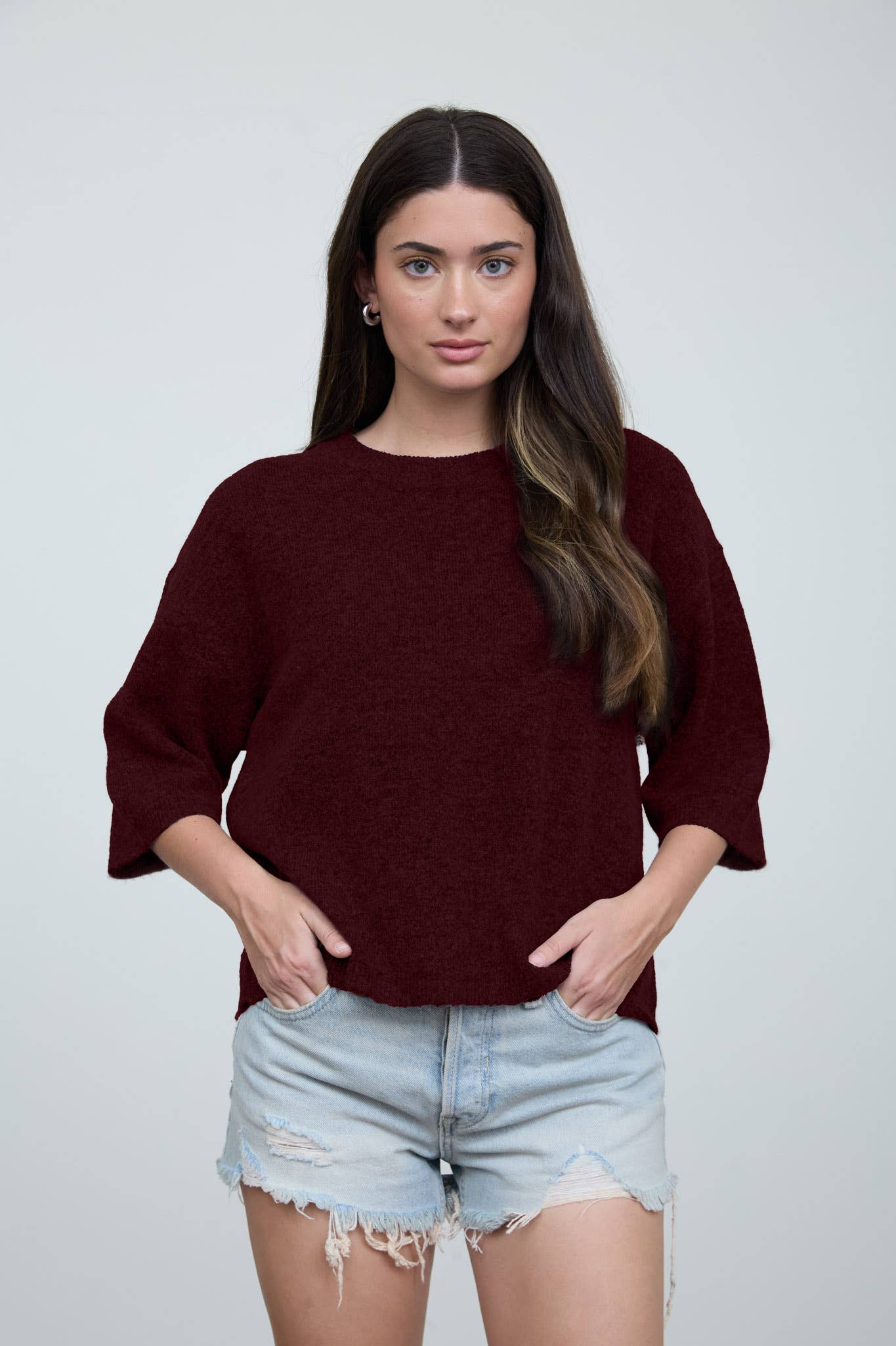 HEATHERED CREW NECK HALF SLEEVE BOXY PULLOVER