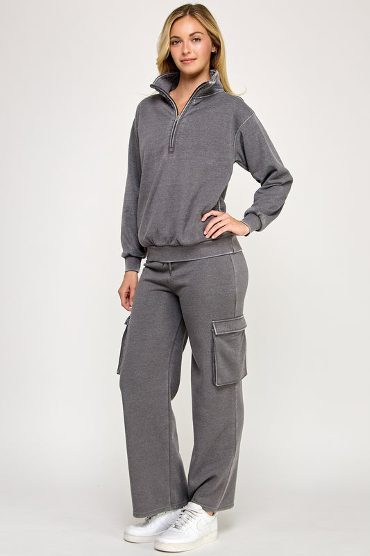 Grey Burn Out Half Zip Up With Mock Neck Collar